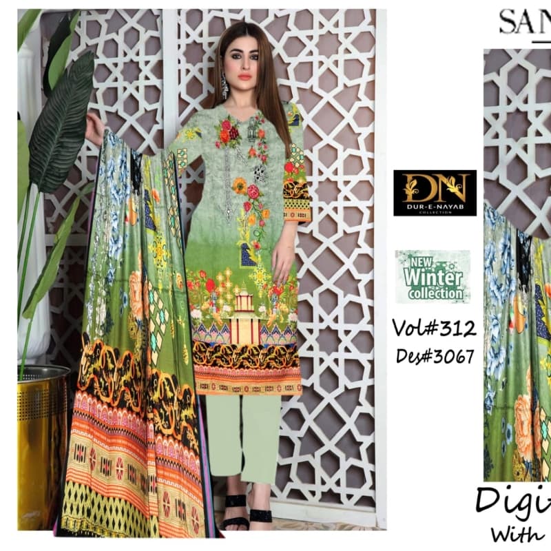 Digital Printed Embroidered Suit 3pc linen green